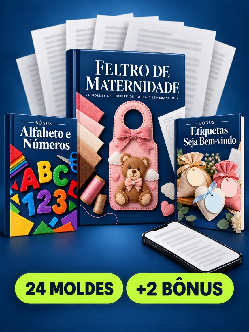 Montagem ilustrativa do Feltro de Maternidade: livro com a capa, páginas do material e celular e capas dos bônus