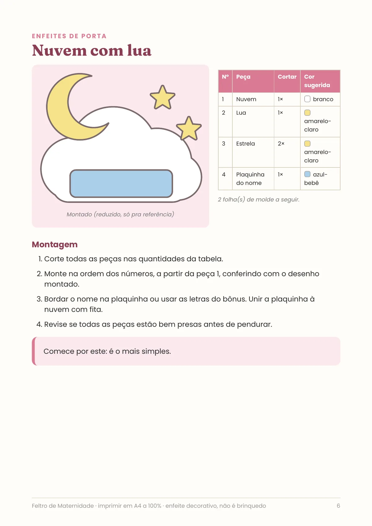 Página real do PDF Feltro de Maternidade: molde da nuvem com lua